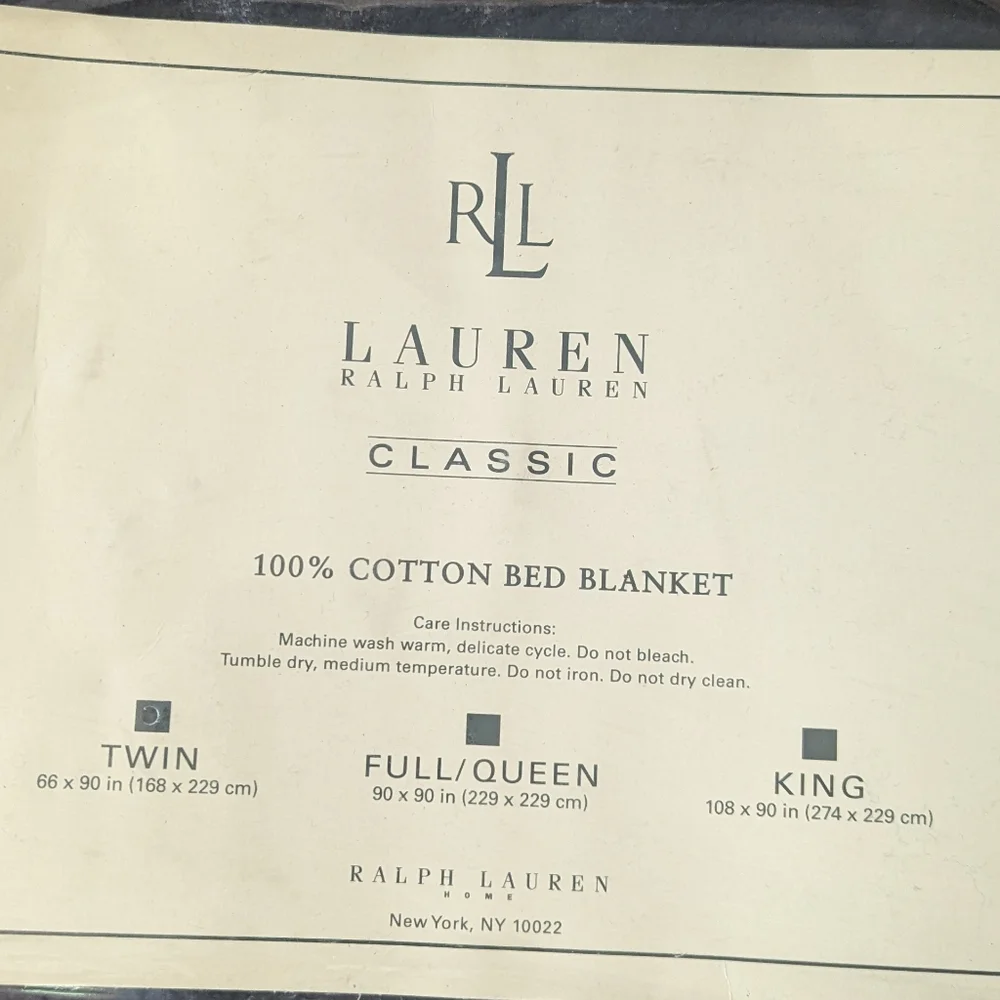 NWT Lauren Ralph Lauren Classic 100% Cotton Bed Blanket Twin Size Navy Blue